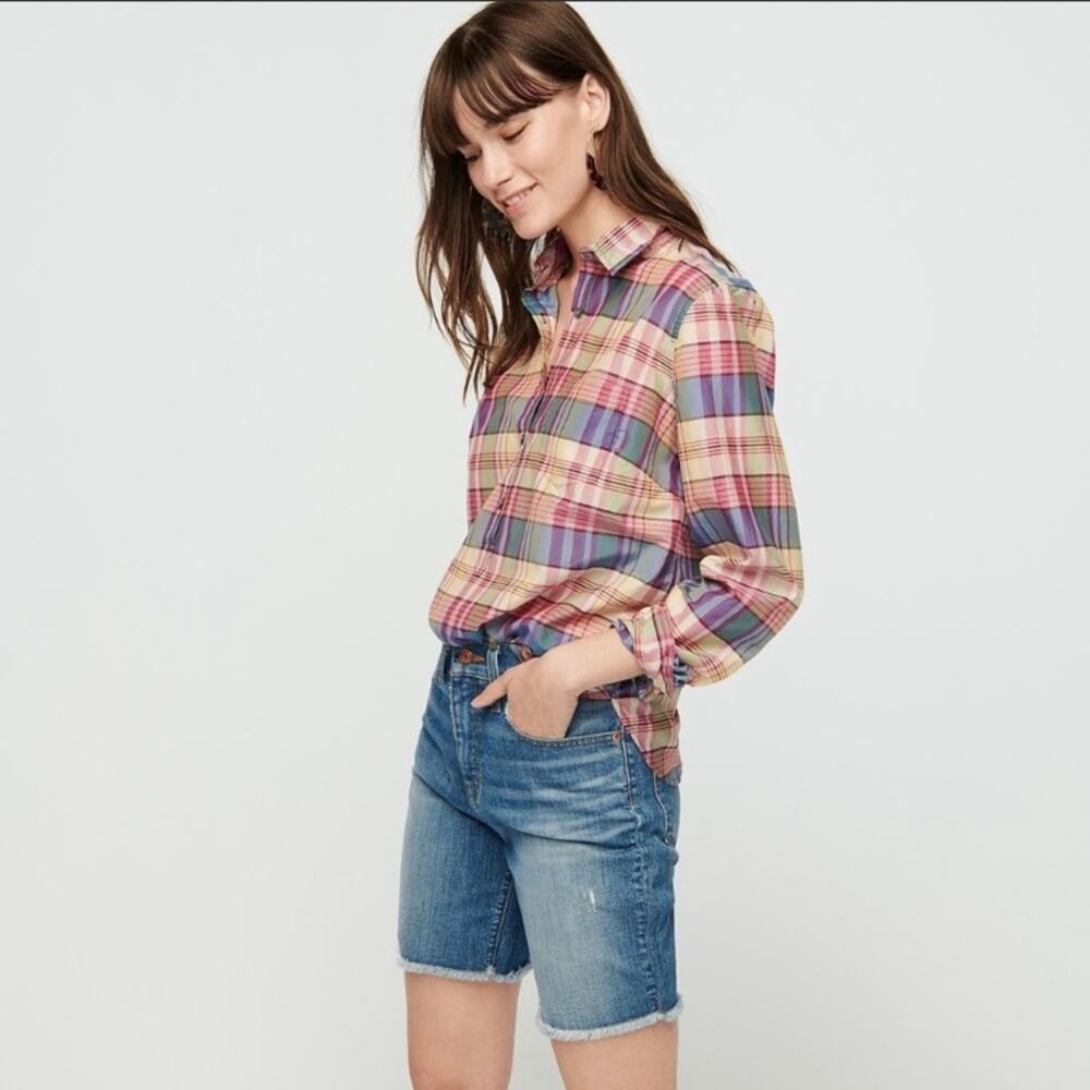 J. Crew classic popover rainbow plaid top sz L